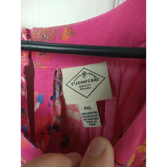 St. Johns Bay Woman PXL Blouse Pink Floral Pleated Round Neck Ladder Crochet... - Picture 3 of 8